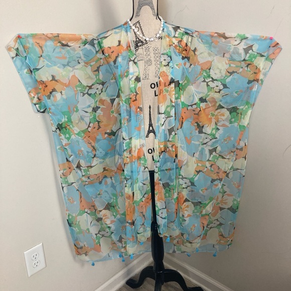 Women’s Skyblue Orange Green Floral Duster Sheer Chiffon Coverup Tassles - Picture 4 of 6